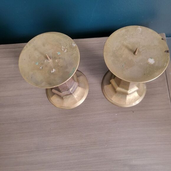 Set of 2 Vintage Brass Spiked Pillar Candle Holders 6 x 4 - Picture 2 of 9